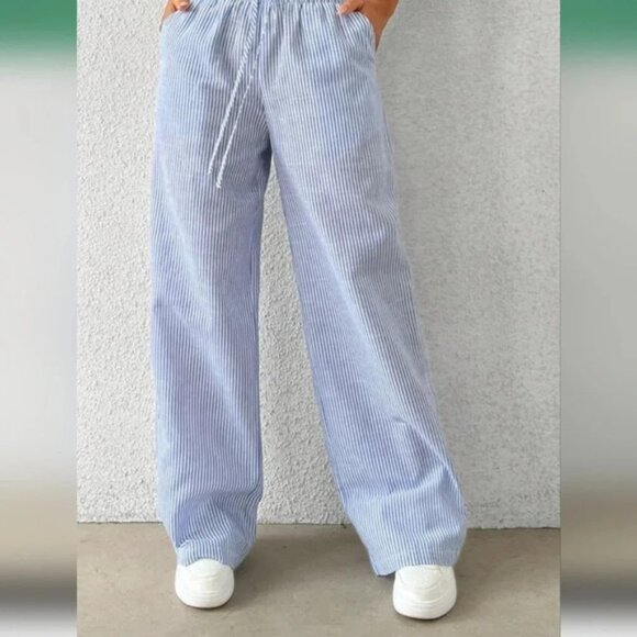 Women's Casual Blue Striped Woven Wide Leg Pants With Loose Fit - Picture 5 of 7